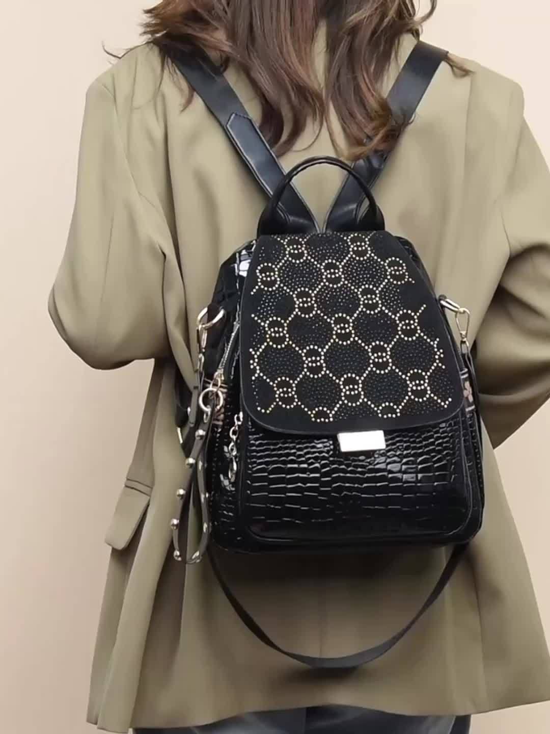 Women'S Fashionable Black Backpack with Diamond Pattern - Soft, Foldable, Zippered, Adjustable Shoulder Strap, Large Capacity, Versatile for Travel & Daily Commute, Casual Daypack|Stylish Backpack|Softshell Backpack