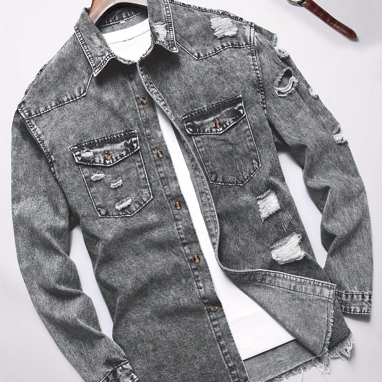 Men's Trendy Ripped Design Casual Button Up Long Sleeve Denim Shirt, Men's Clothes For Spring Summer Autumn, Tops For Men