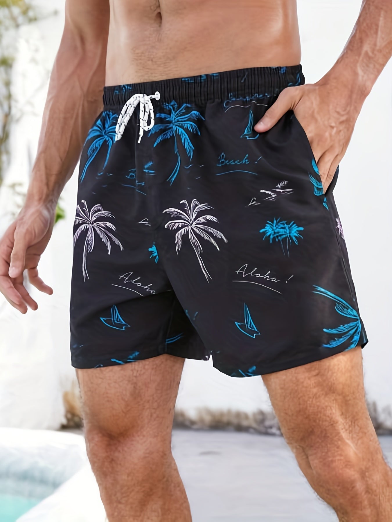 Men's Quick Dry Hawaiian Board Shorts With Pockets, Casual Coconut Tree Graphic Drawstring Swim Trunks For Summer Vacation Beach Pool Outdoor
