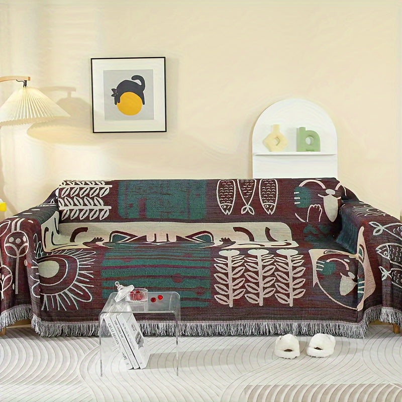 1pc Scandinavian Style All-Season Sofa Covers Cotton Blend Sofa Throw Covers Universal Featuring Botanical, Non-slip Sofa Cushion, And Majestic Cat Patterns Sofa Cover, Outdoor Picnic Mat, Outdoor Blanket, Tapestry, Tableclot
