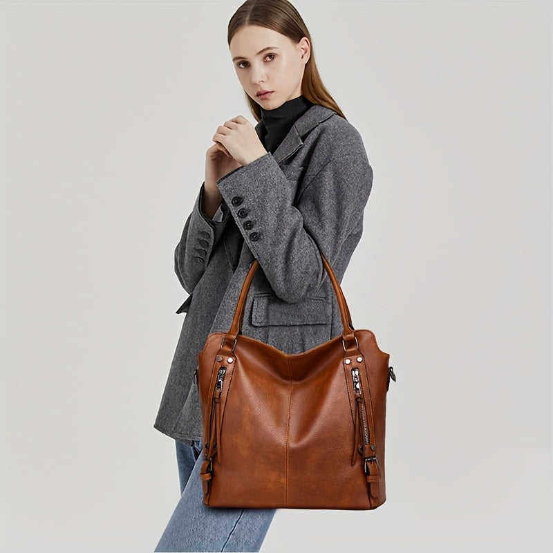 Women'S Large Capacity Tote Bag - Stylish Brown with Golden-Tone Hardware, Zipper Closure & Detachable Strap, Perfect for Work Or Everyday Use, Versatile Carryall | Elegant | Durable, Large Tote Bag