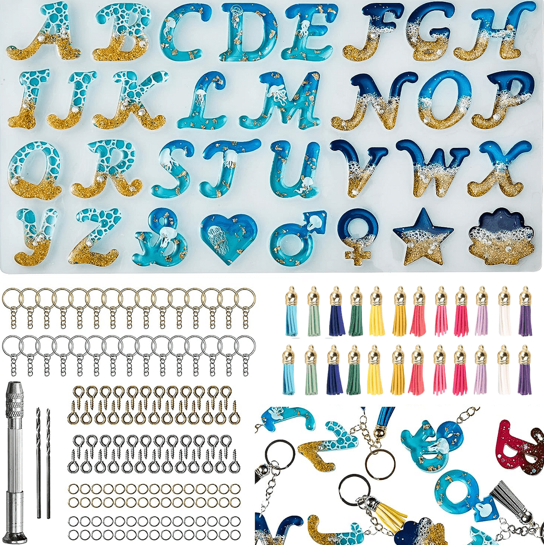 168pcs Obverse Alphabet Resin Molds Kit, Silicone Molds for Resin Casting DIY, Letter & Ornament Epoxy Molds Resin Keychain Making Set with 1 Hand Drill 2 Drill Bits 164pcs Keychain Supplies