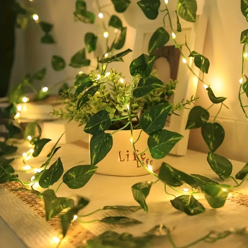 2m/6.56ft 20 LED Green Leaf String Lights Garden Lights, New Year Decorations String Lights, Wedding Thanksgiving Christmas Decoration String Lights (Batteries Not Included)