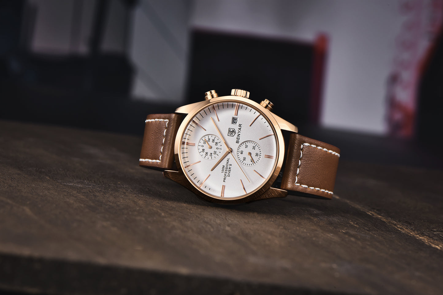 1pc New BENYAR Men's PU Leather Quartz Wristwatch, Men's 100M Multifunctional Watch Military Sports Chronograph Watch For Men
