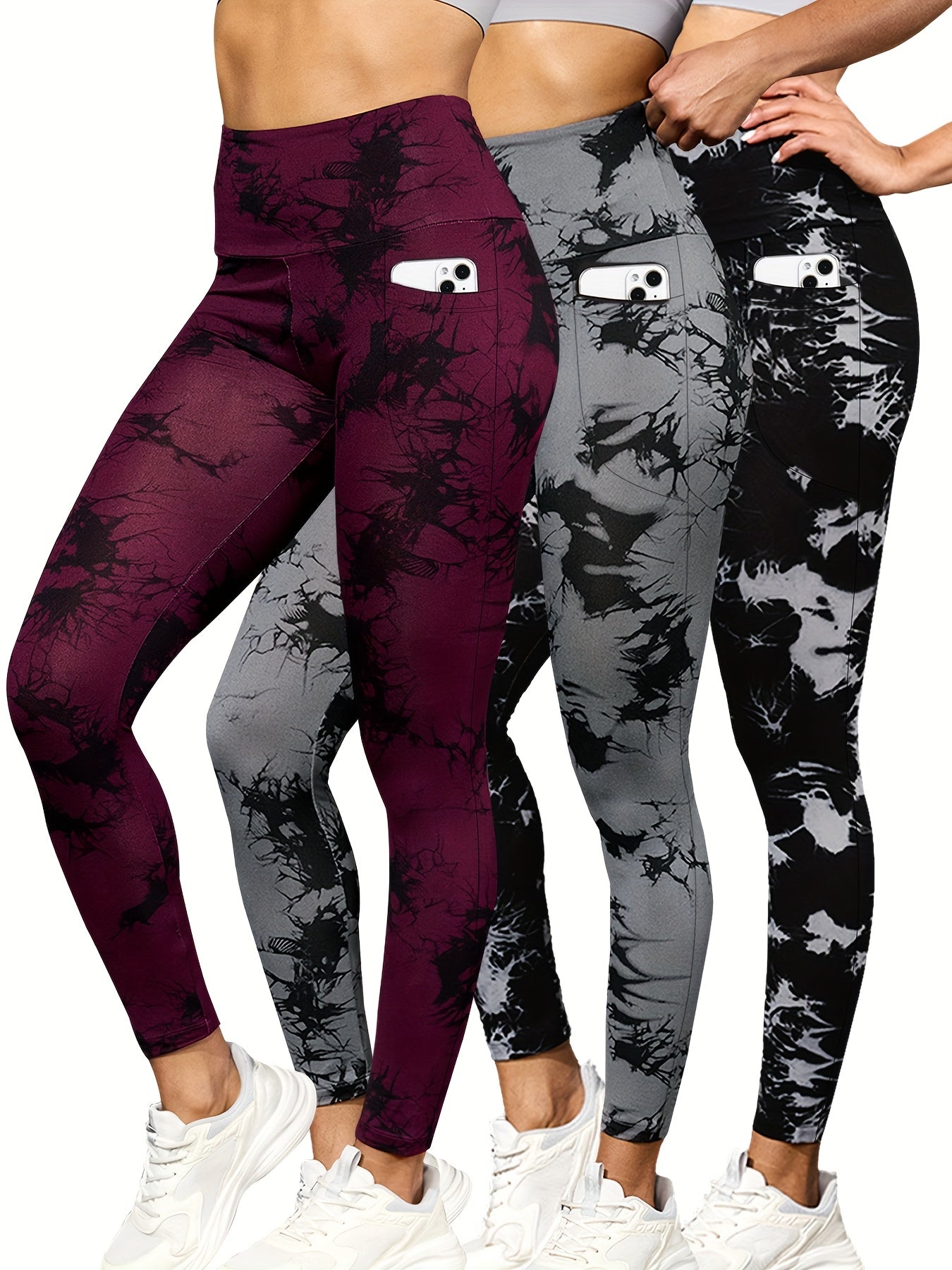 3-Pack Women's High Waisted Yoga Leggings - Non-See Through Tummy Control Workout Pants with Side Pockets, Stretchy All-Season Athletic Leggings in Blue/, Machine Washable for Running, Gym, Casual Attire - Ideal Gift for Wome