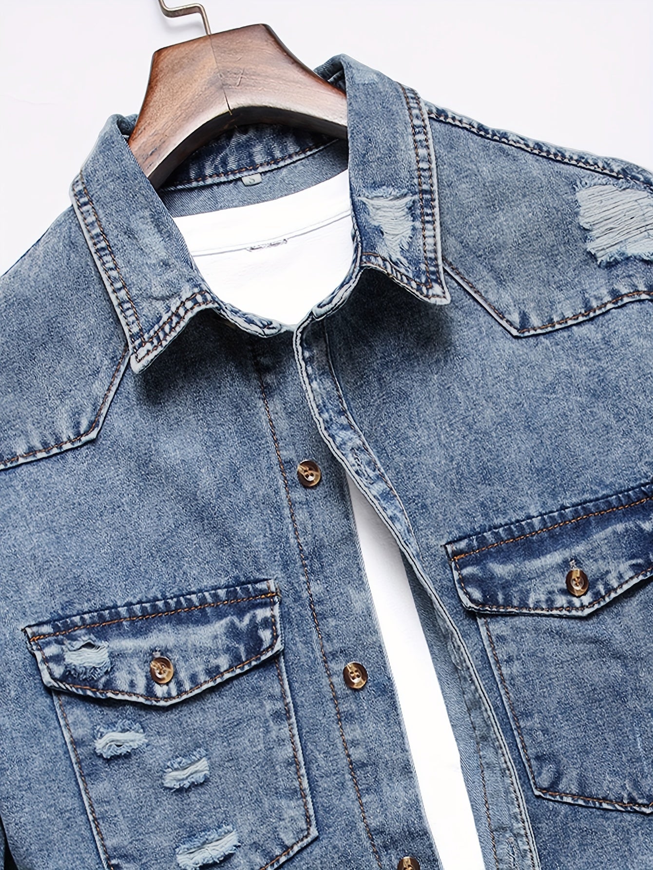 Men's Trendy Ripped Design Casual Button Up Long Sleeve Denim Shirt, Men's Clothes For Spring Summer Autumn, Tops For Men