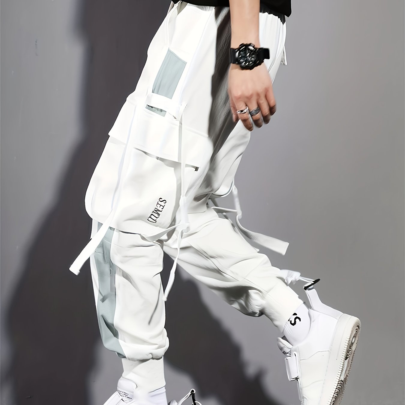Multi-pocket Ribbon Design, Men's Color Block Cargo, Trendy Comfy Jogger Pants