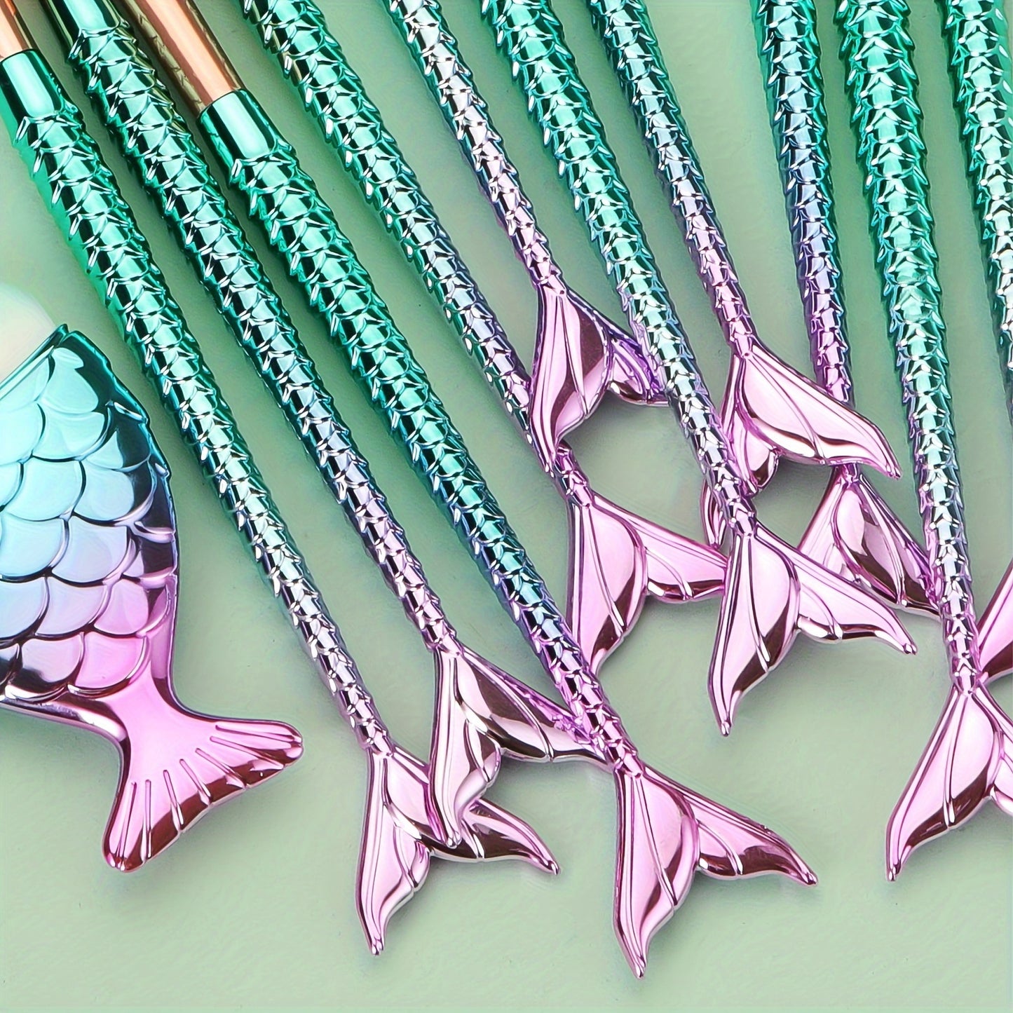 11pcs Mermaid Makeup Brush Set - Fish Tail Design, Nylon Bristles for All Skin Types, Fragrance-Free Beauty Tools