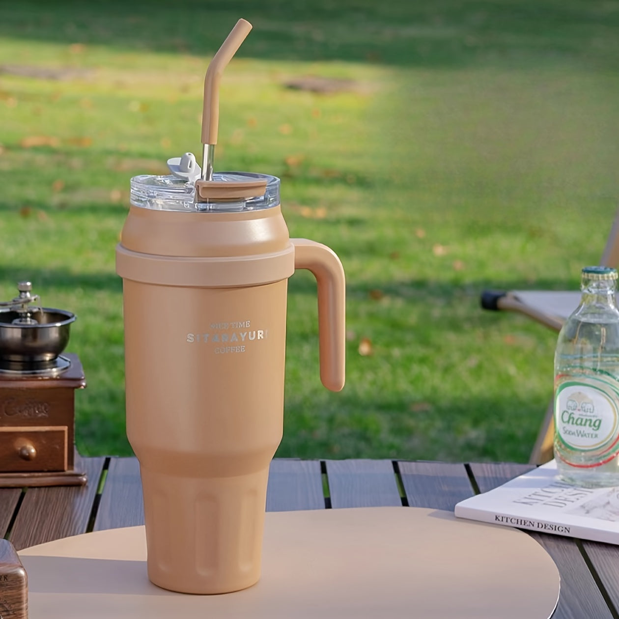 Copo térmico portátil de 1,4 litros (47,3 oz) com pega e tampa com palhinha, garrafa de água portátil de grande capacidade, copo de aço inoxidável para automóvel, ideal para desportos ao ar livre, viagens e campismo. Presente de Natal.