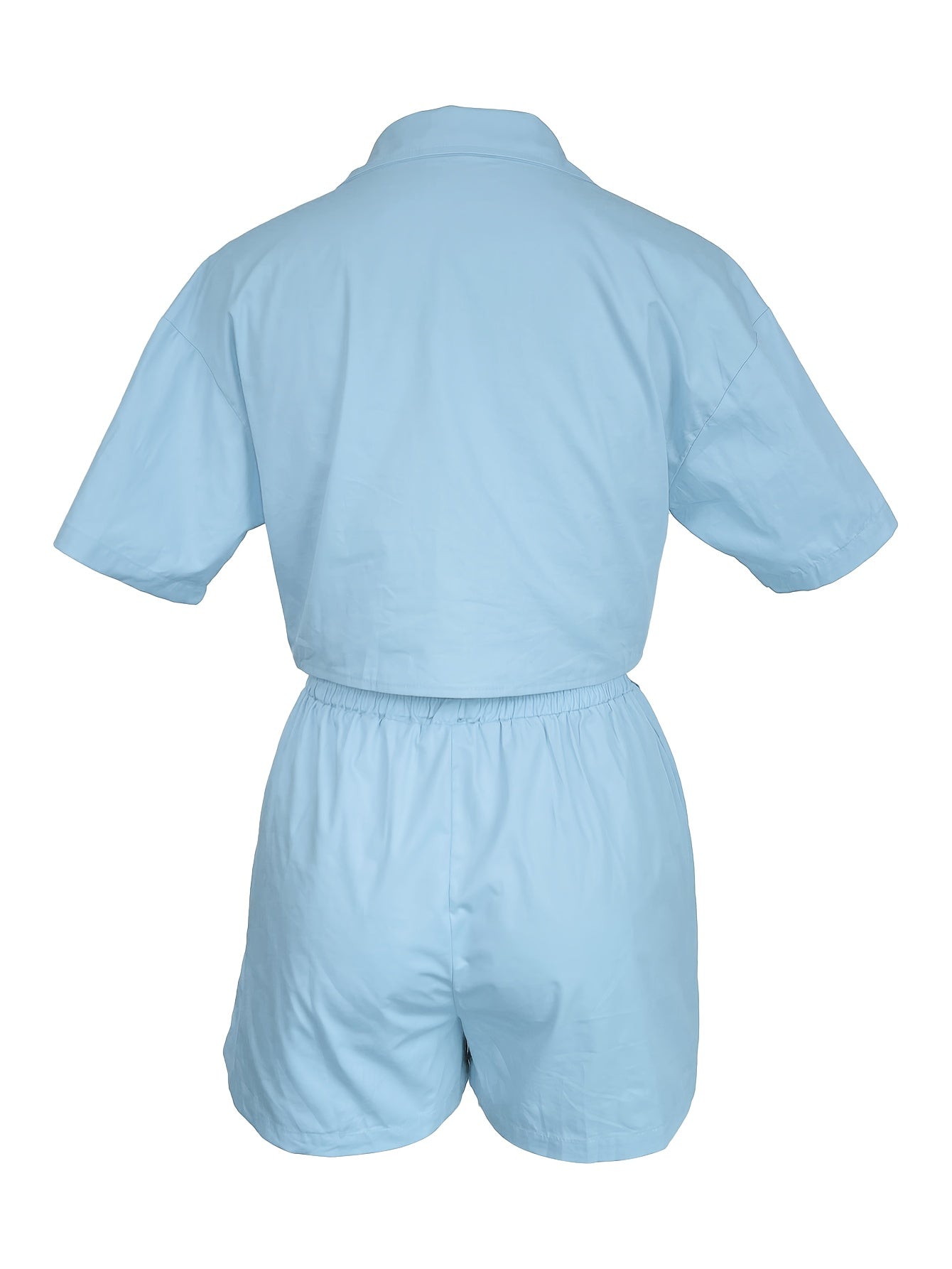Solid Casual Two-piece Set, Short Sleeve Button Crop Top & Drawstring Waist Shorts Outfits, Women's Clothing