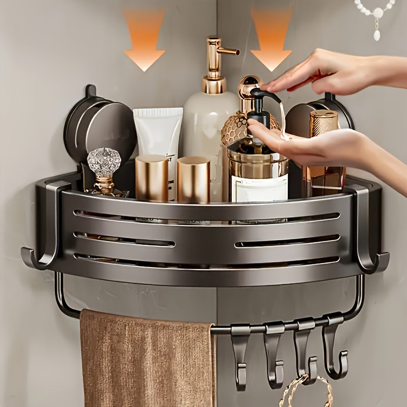Space-Saving Suction Cup Bathroom Rack - No Drilling Required, Strong Triangular Shelf with Hooks, Suitable for Shower and Toilet Wall/Tiles, Multifunctional Storage Organizer, Available in 4 Seasons