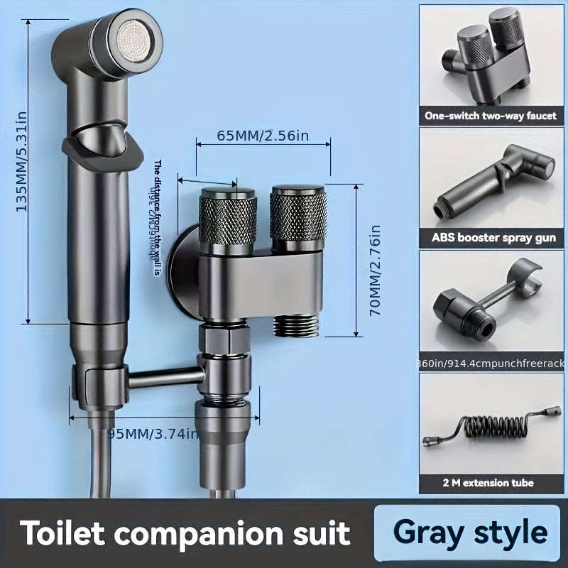 A Handheld Bathroom Cleaning Kit Equipped With A Dual-mode Spray Gun And Extendable Hose, With A Diverter And Wall Bracket, Used For Toilet Flushing, Multifunctional Bathroom Spraying, And One In Two Out Control Valve