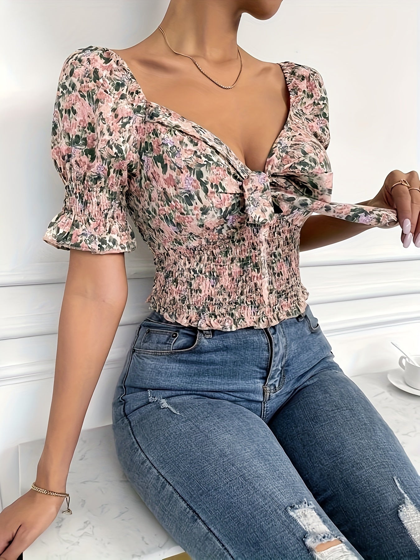 Floral Print Bow Front Blouse, Casual Short Sleeve Top For Spring & Summer, Women's Clothing