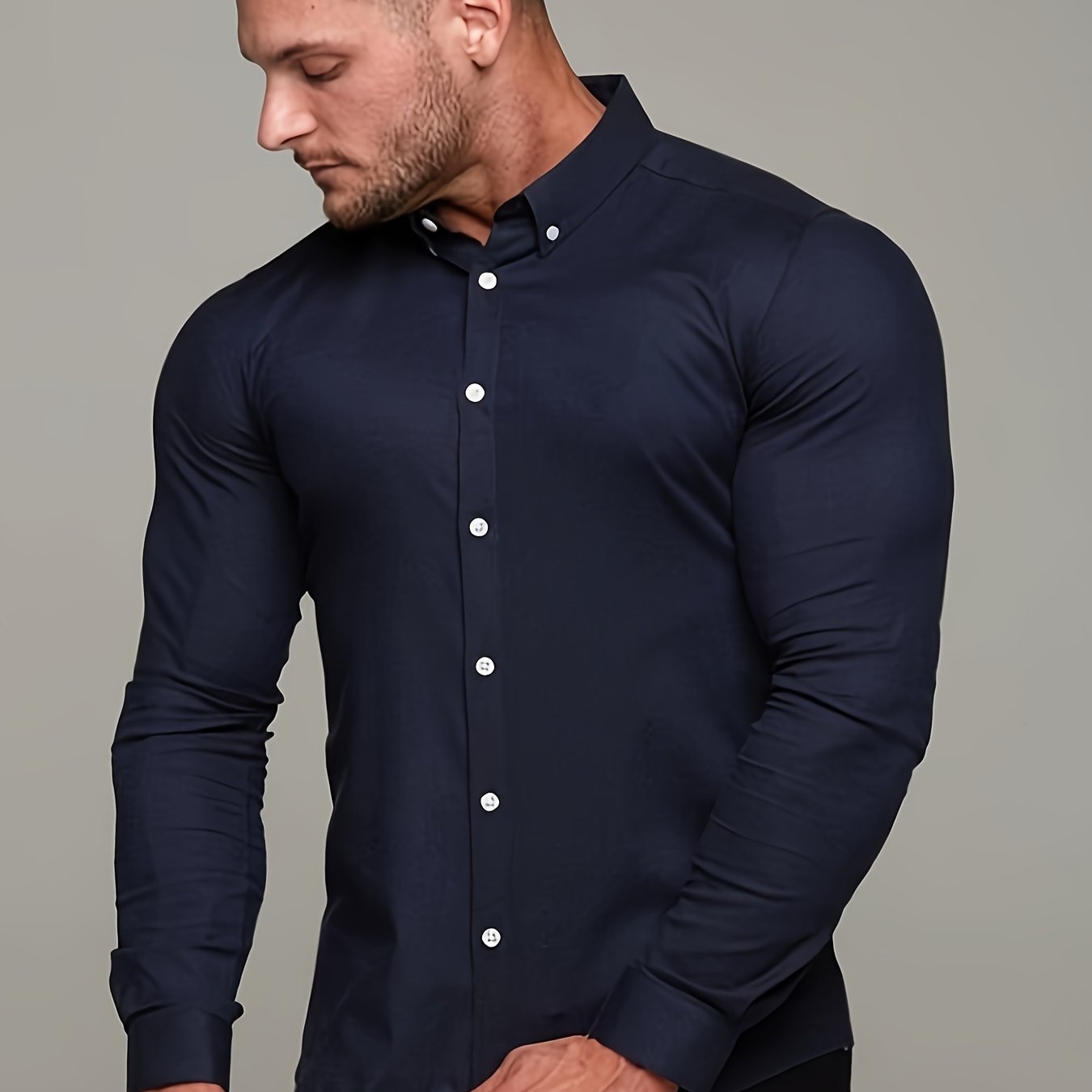 Solid Color Men's Slim Fit Stretch Quick-drying Long Sleeve Button Up Shirt, Spring Fall Workout Activity