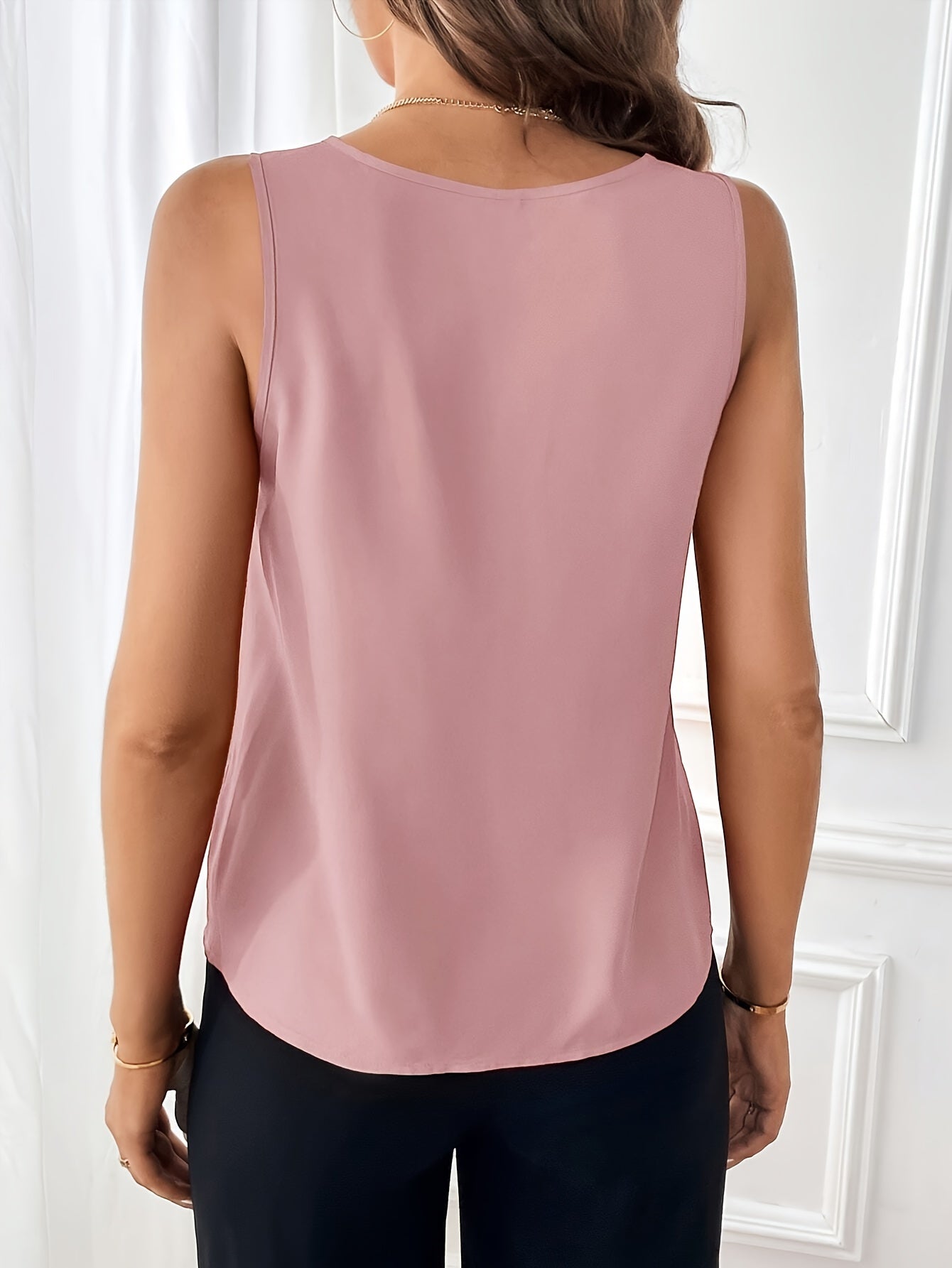 Solid Color V Neck Blouse, Casual Sleeveless Button Detail Tuck Top For Spring & Summer, Women's Clothing