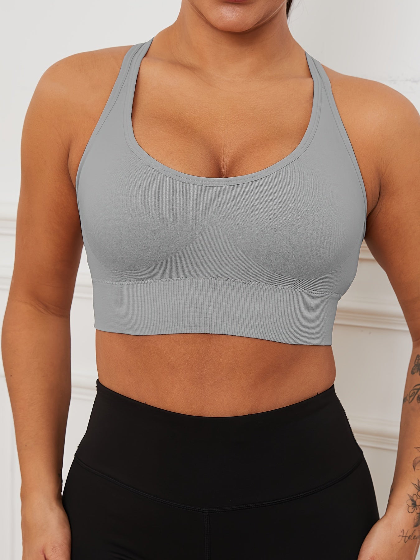 2pcs Stretchy Solid Racer Back Sports Bra, Comfy & Breathable Push Up Fitness Bra, Women's Lingerie & Underwear