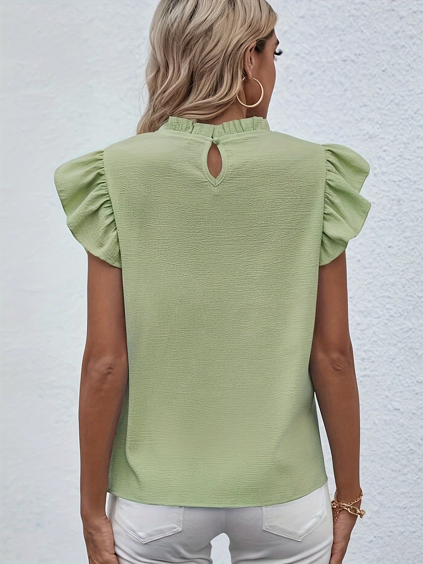 Ruffle Trim Round Neck Blouse, Casual Flutter Sleeve Blouse For Spring & Summer, Women's Clothing Wedding holiday vacation