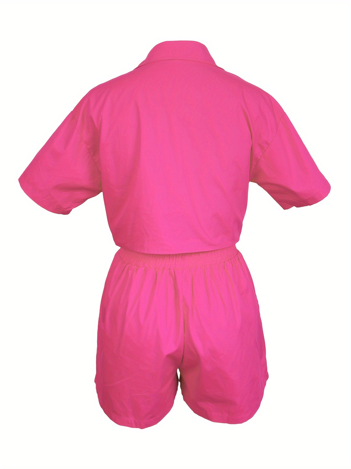 Solid Casual Two-piece Set, Short Sleeve Button Crop Top & Drawstring Waist Shorts Outfits, Women's Clothing