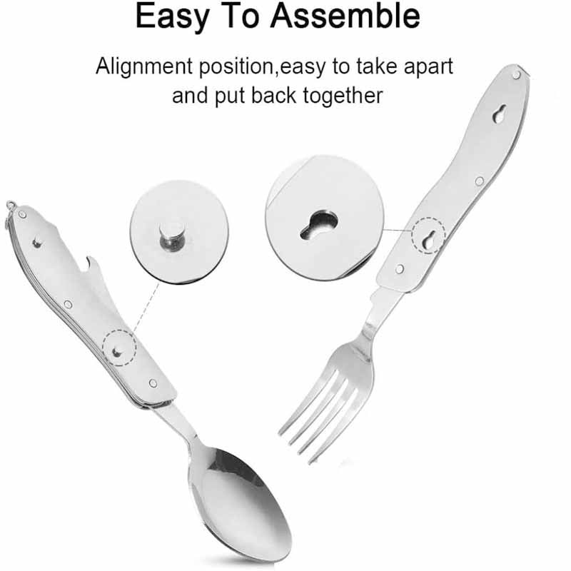 Stainless Steel 4-in-1 Outdoor Tableware Set with Folding Spoon, Fork, Knife, and Bottle Opener - Perfect for Camping, Picnics, Hiking, and Travel