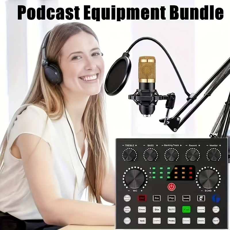 All-in-One Streaming Audio Kit with BM800 Microphone, V8S Mixer, and Multiple Accessories - Durable Metal Body, USB/Power Supply, Noise Cancellation, One-Click Sound Effects, Dual Device Connection, Ideal for Podcasting, YouT