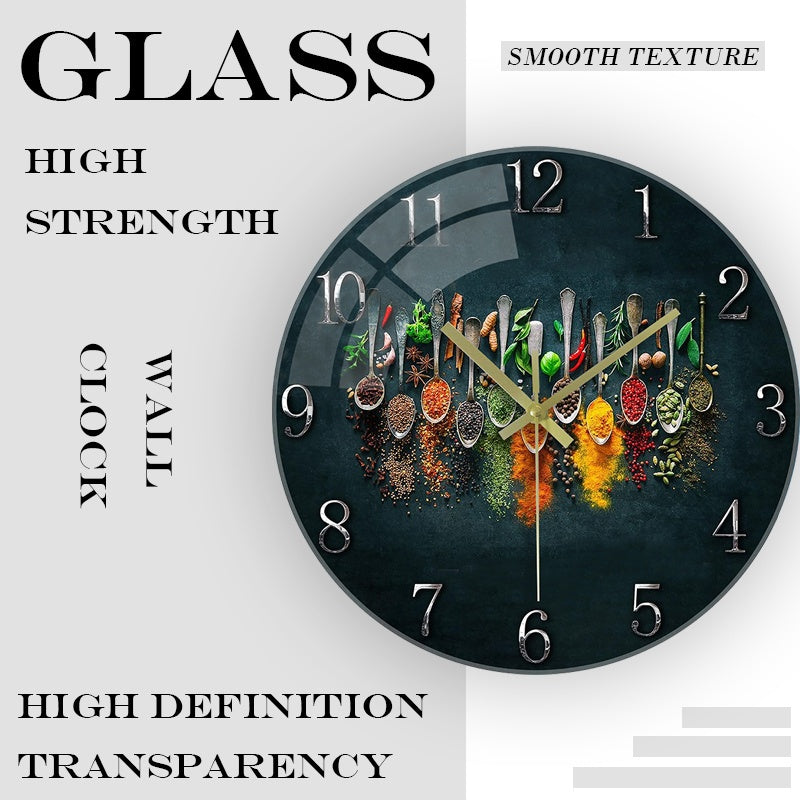12-Inch Silent Glass Wall Clock with Vibrant Spice Design - Thick Reinforced Glass, Battery-Powered (AA), Modern Kitchen & Bedroom Decor, Perfect Gift for Christmas, Halloween, Birthdays, and More, Kitchen Wall Decor | Vibran