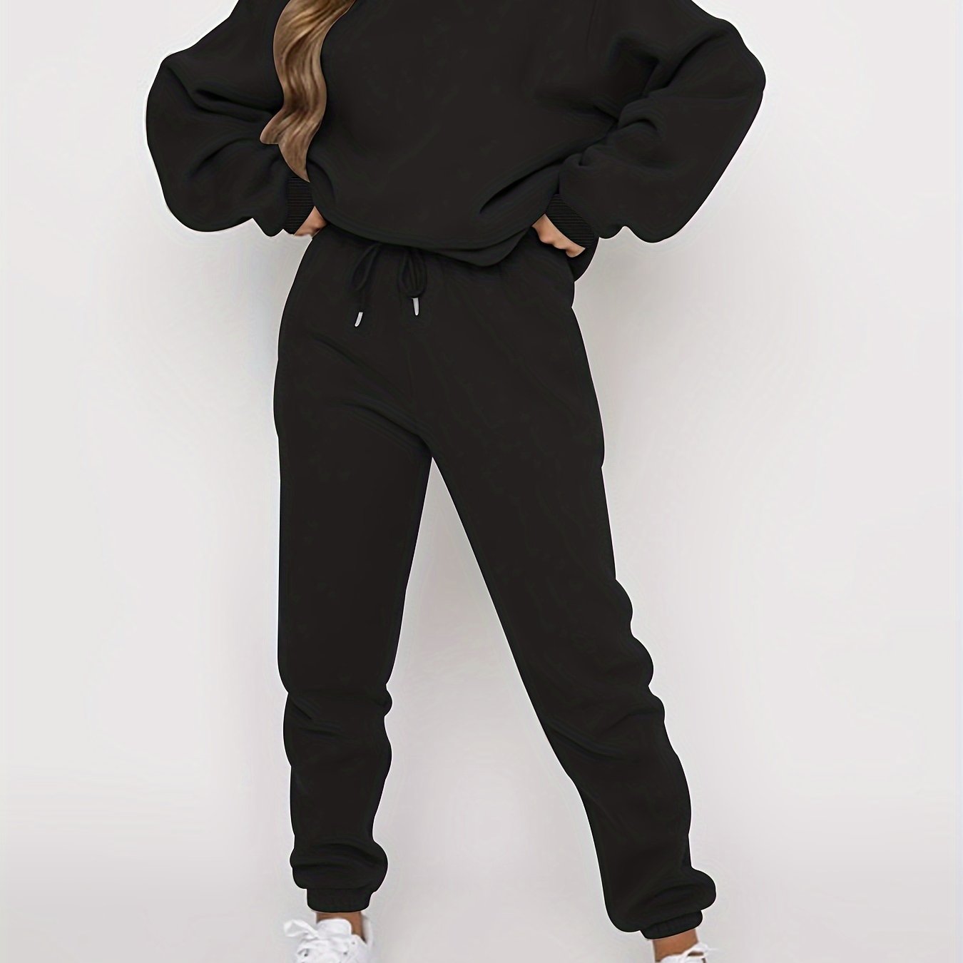 Solid Casual Two-piece Set, Crew Neck Long Sleeve Tops & Drawstring Jogger Pants Oufits, Women's Clothing