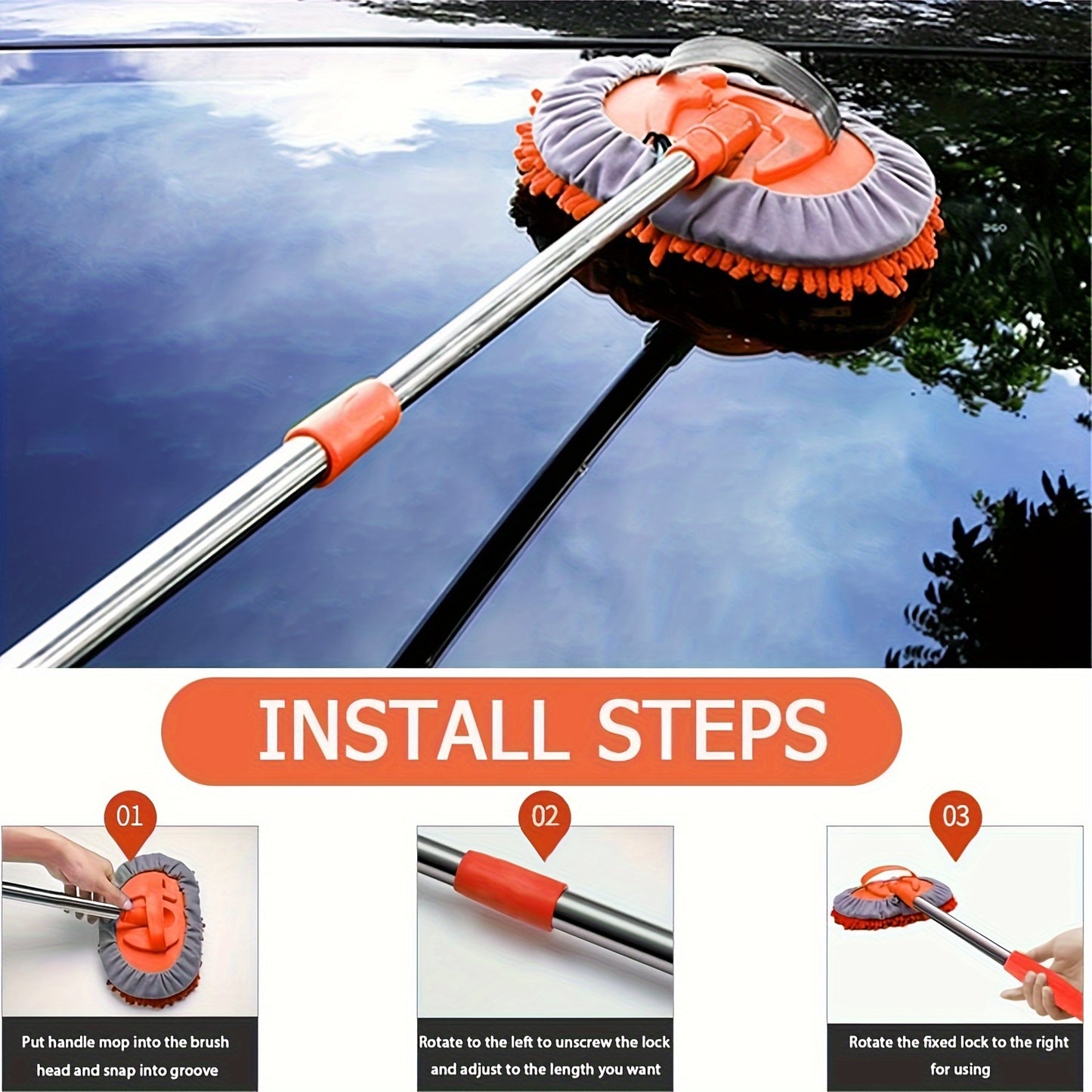 120.65cm Microfiber Car Wash Brush Mop Set, Chenille Microfiber Sponge Duster No Paint Damage No Scratches, Long Handle Kit 2in 1 for Cleaning Cars, Trucks, SUVs, RVs, Trailers, Boats