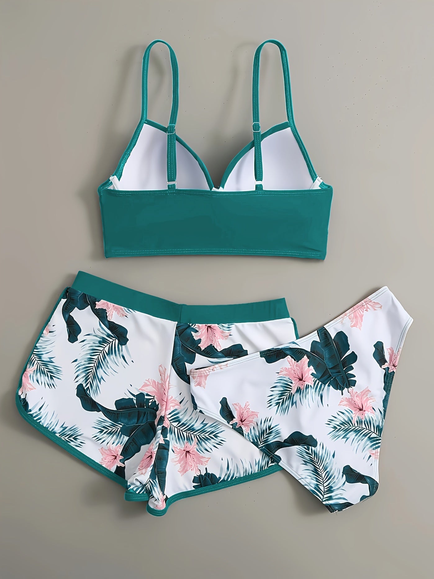 Floral Leaf Print Stretchy 3 Piece Set Swimsuits, Cross Spaghetti Strap Push Up Bikini & Boxer Shorts, Women's Swimwear & Clothing