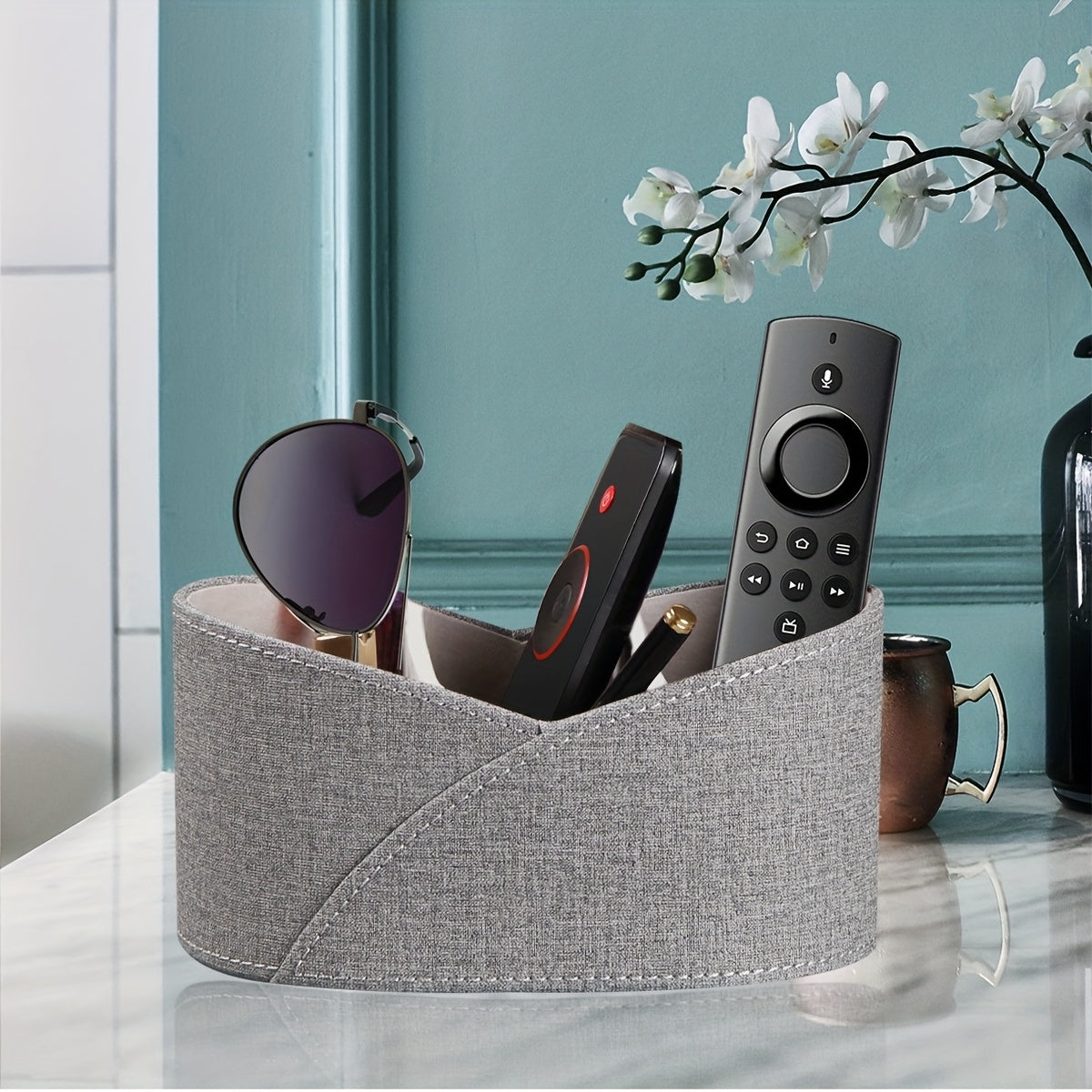 PU Leather Open Storage Box with 3 Compartments, Desktop Remote Control Holder/Makeup Organizer/Versatile Gray Storage Basket for Home Appliance Controllers, Cosmetics, Art Supplies, Stationery, Glasses, Office Supplies and A