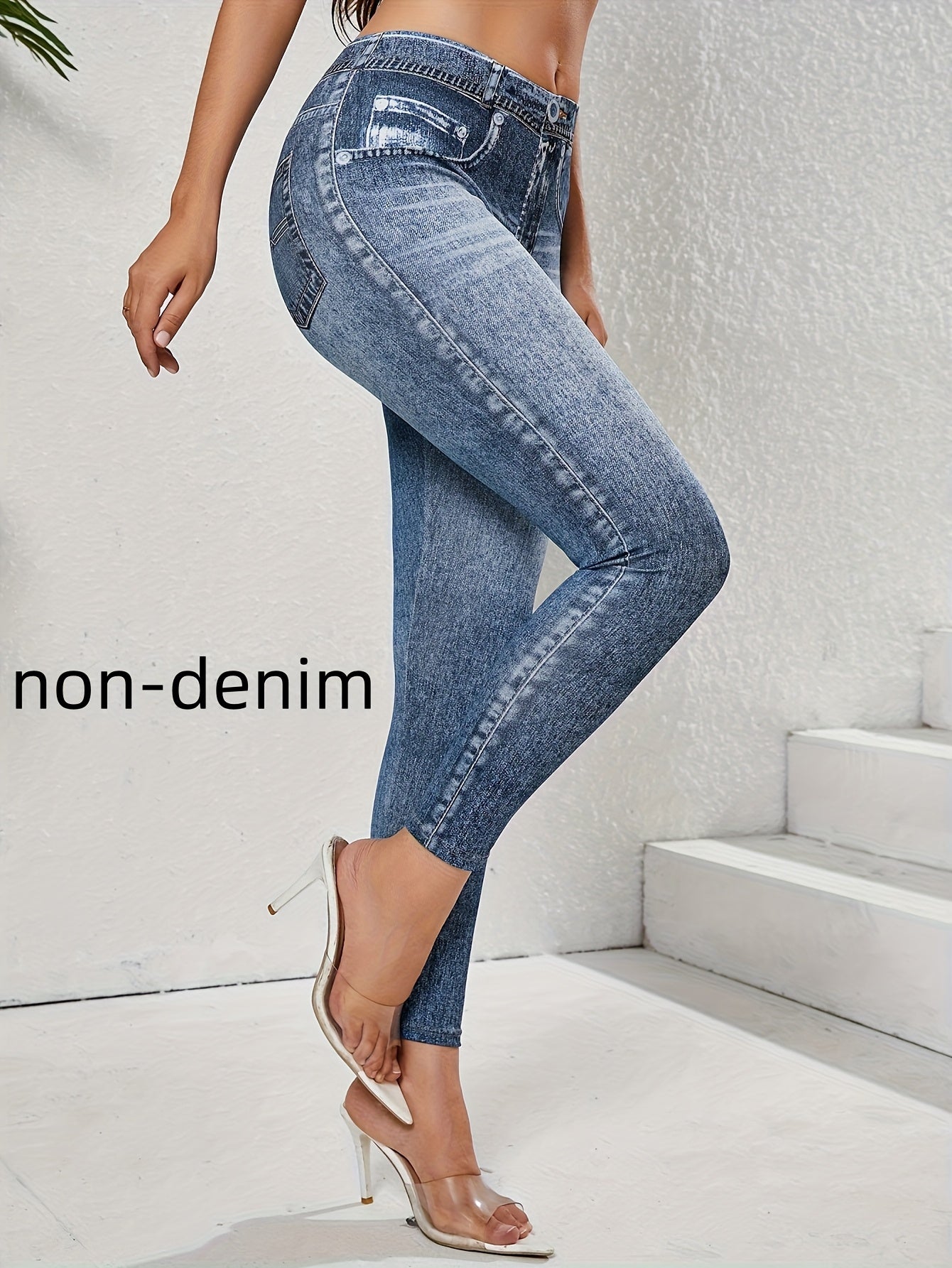 【imitation denim】New Women'S Fashion Casual Trendy Comfortable Breathable High-Waisted Stretchy Blue Faux Denim-Like Printed Leggings for Daily Commuting, Enhancing The Hips And Waist, Women'S Base Layer Pants, Fitted Leg