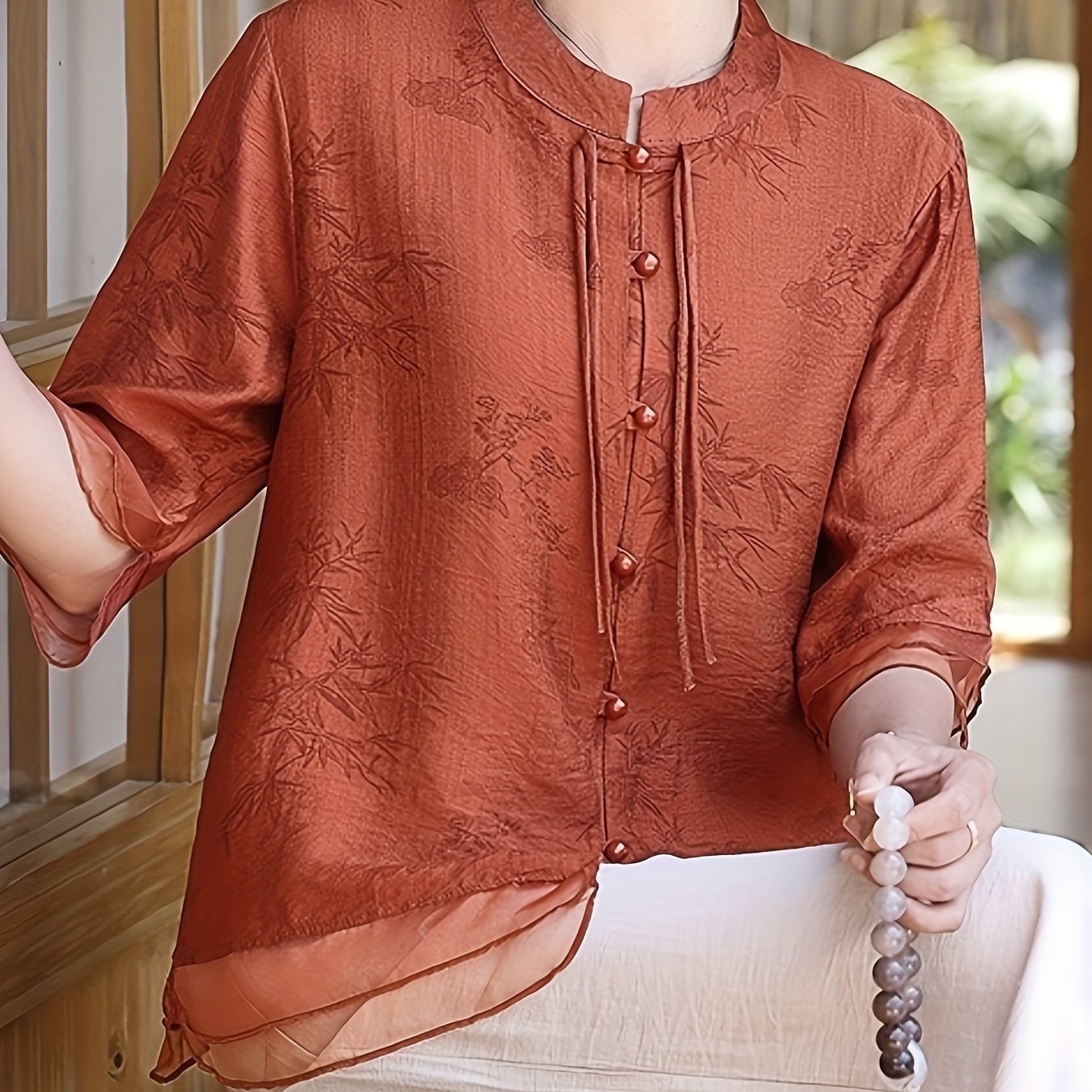 Women'S Elegant Summer Blouse with Floral Pattern - Short Sleeve, Mandarin Collar, Loose Fit, Light Olive Green, Perfect for Casual Attire, Casual Attire Blouse | Floral Pattern Top | Mandarin Collar Shirt