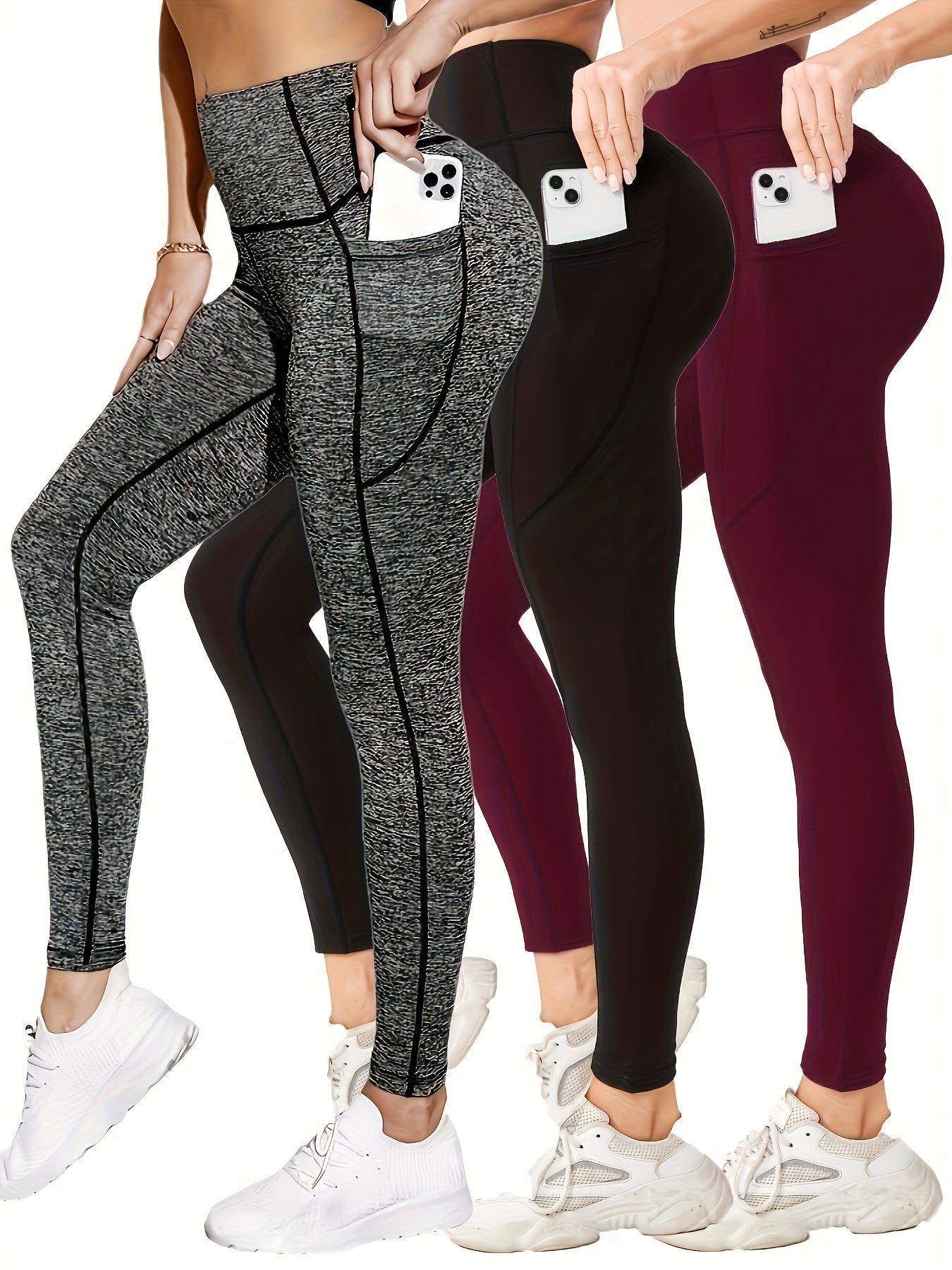 3pcs High-Waist Yoga Leggings with Pockets - Tummy Control, Slimming Effect, Stretchy & Breathable Fabric, Black/Brown/Gray, Perfect for Yoga & Casual Attire