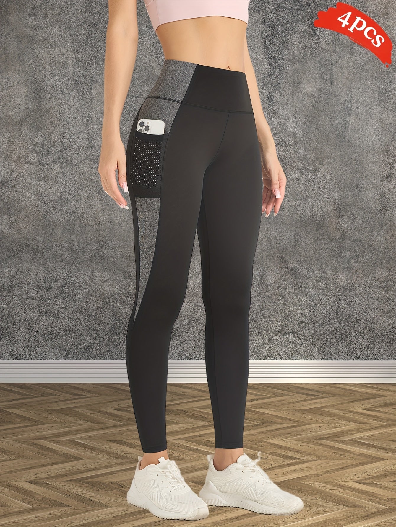4pcs Women'S High-Waisted Yoga Leggings - Tummy Control Butt-Lifting Workout Pants with Pockets, Breathable Stretchy All-Season Gym & Outdoor Activewear, Solid Color Crop Design, Workout Leggings