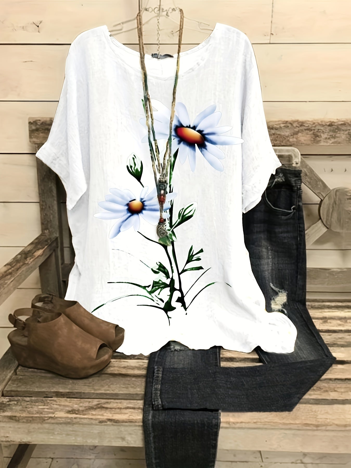 Floral Print Crew Neck Blouse, Casual Short Sleeve Blouse For Spring & Summer, Women's Clothing