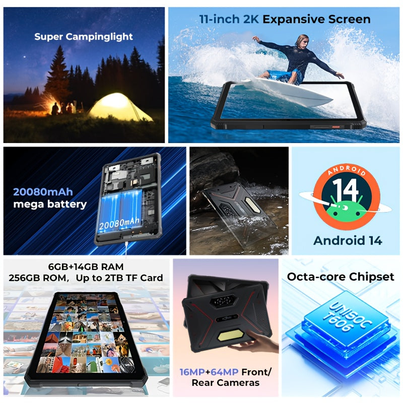 HOTWAV R9 Pro 11inch 2K FHD+Display Tablet, Android 14, 20080mAh 20GB (6GB+14GB Expandable)+256GB (2TB TF) Outdoor Tablet, 64MP Rear Main Camera, 16MP Front Camera, Octa-core/Dual SIM 4G, IP6X & IPX8 High Quality Tablet, Dual