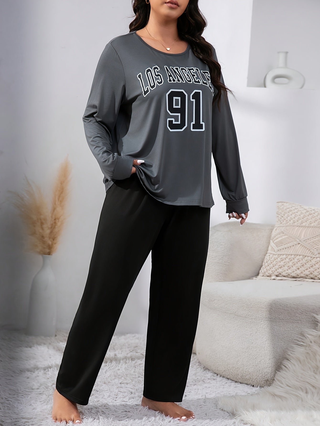 Women'S Plus Size Los Angeles 91 Graphic Pajama Set - Gray & Black Long Sleeve Crew Neck Top with Matching Pants, Stretchy & Comfy Loungewear, Pajama Sets for Adults