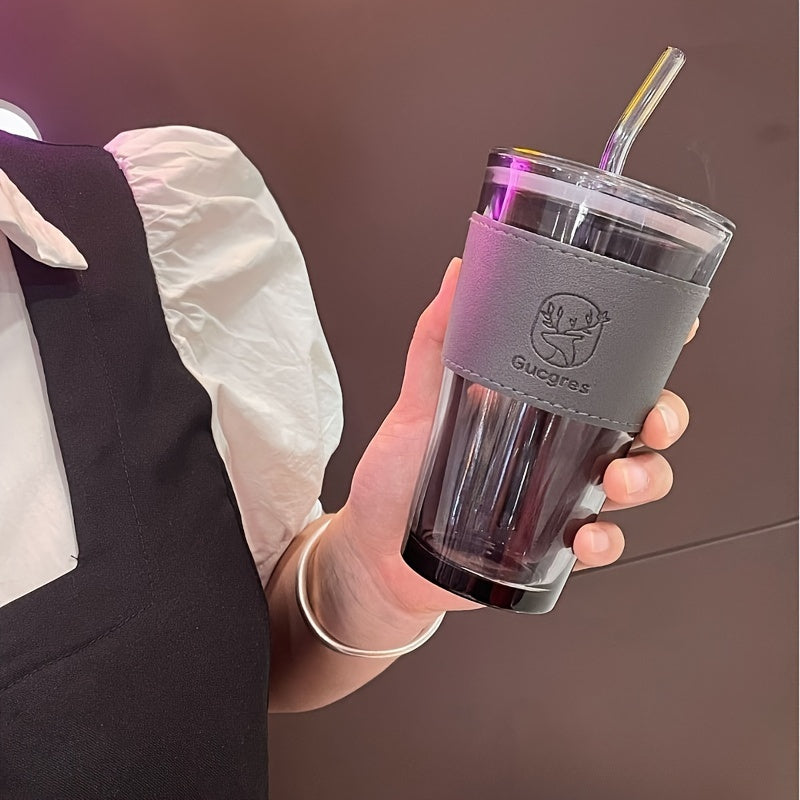 Chic Bamboo-Inspired Glass Coffee Mug with Straw - Large Capacity, Minimalist Design for Coffee & Milk Tea