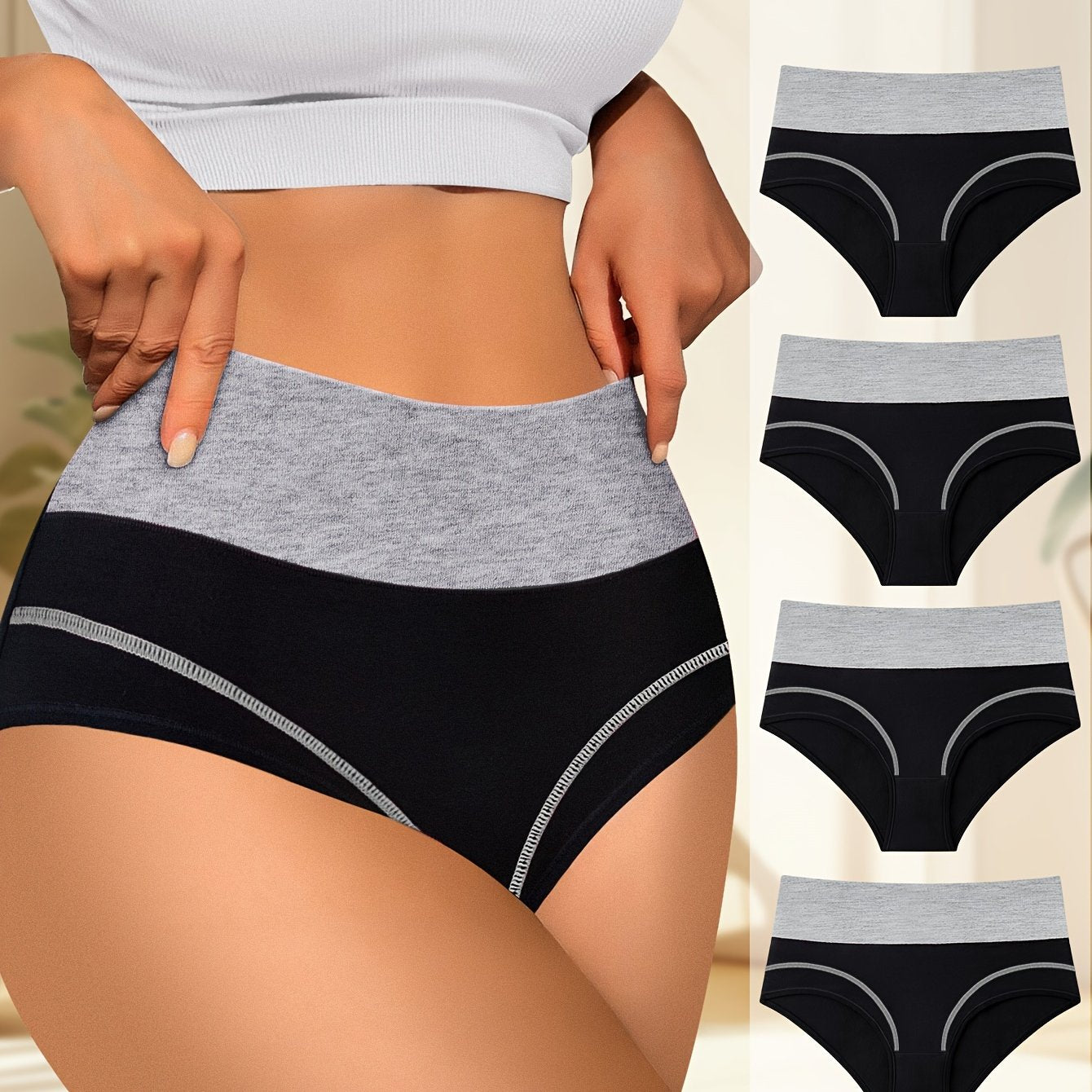 Conjunto de 4 cuecas de cintura subida para mulher com controlo abdominal, modelos confortáveis e com blocos de cores da moda.