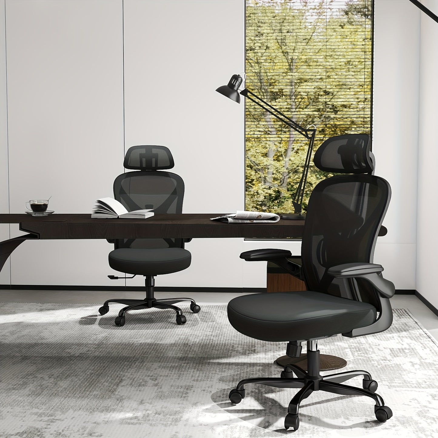 Ergonomic Office Chair with Adjustable Headrest & Lumbar Support, Height-Adjustable Computer Desk Chair with Flip-Up Armrests, 360° Swivel, Breathable Mesh Backrest & Seat, Durable Plastic Frame - Black for Home & Office Use