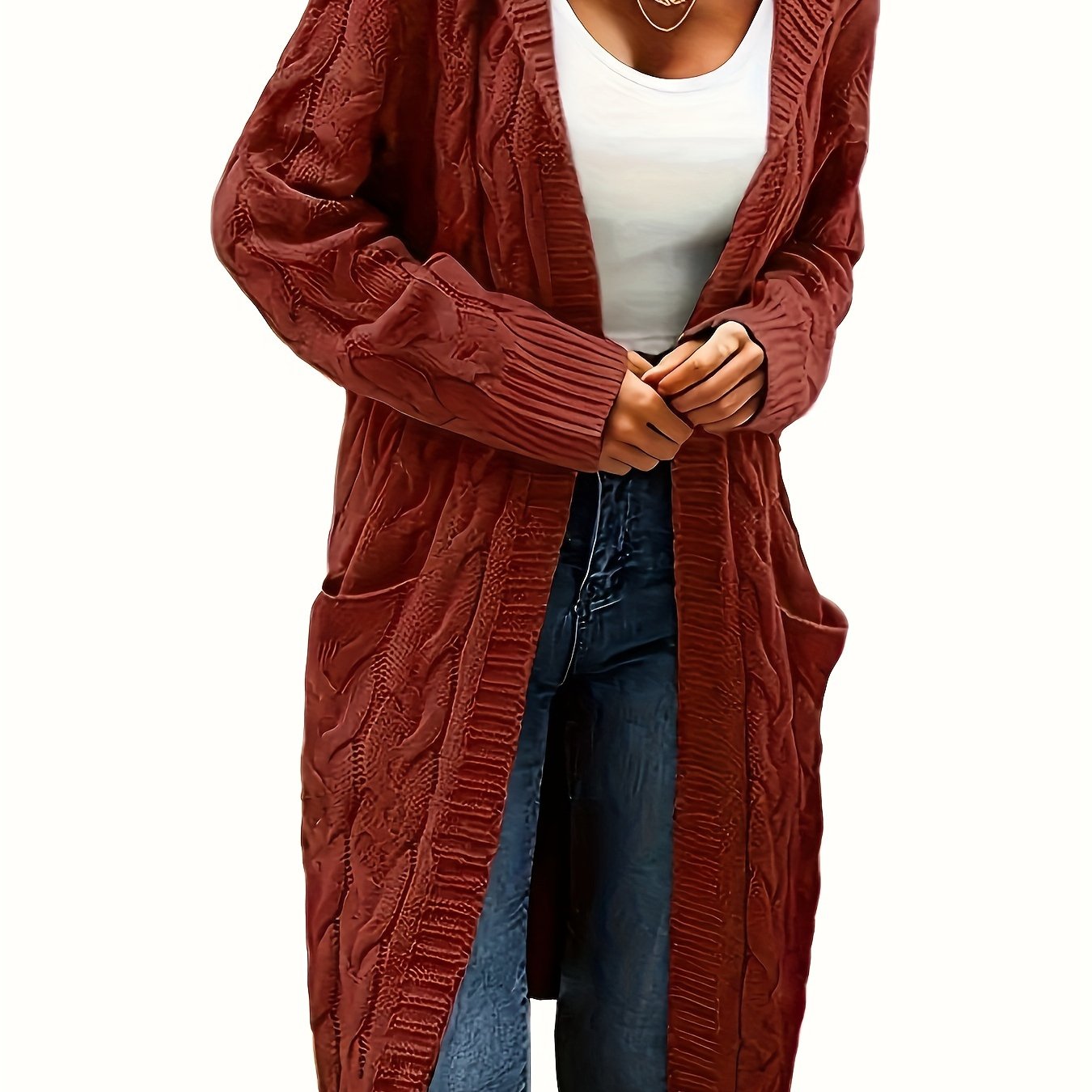 Women's Mid-Length Hooded Cardigan - Soft Stretchy Solid Color Long Sleeve Open Front Sweater with Pockets, Machine Washable Casual Elegance for Fall Winter, Everyday Comfort Wear, Stylish Hooded Design, Comfortable Fit