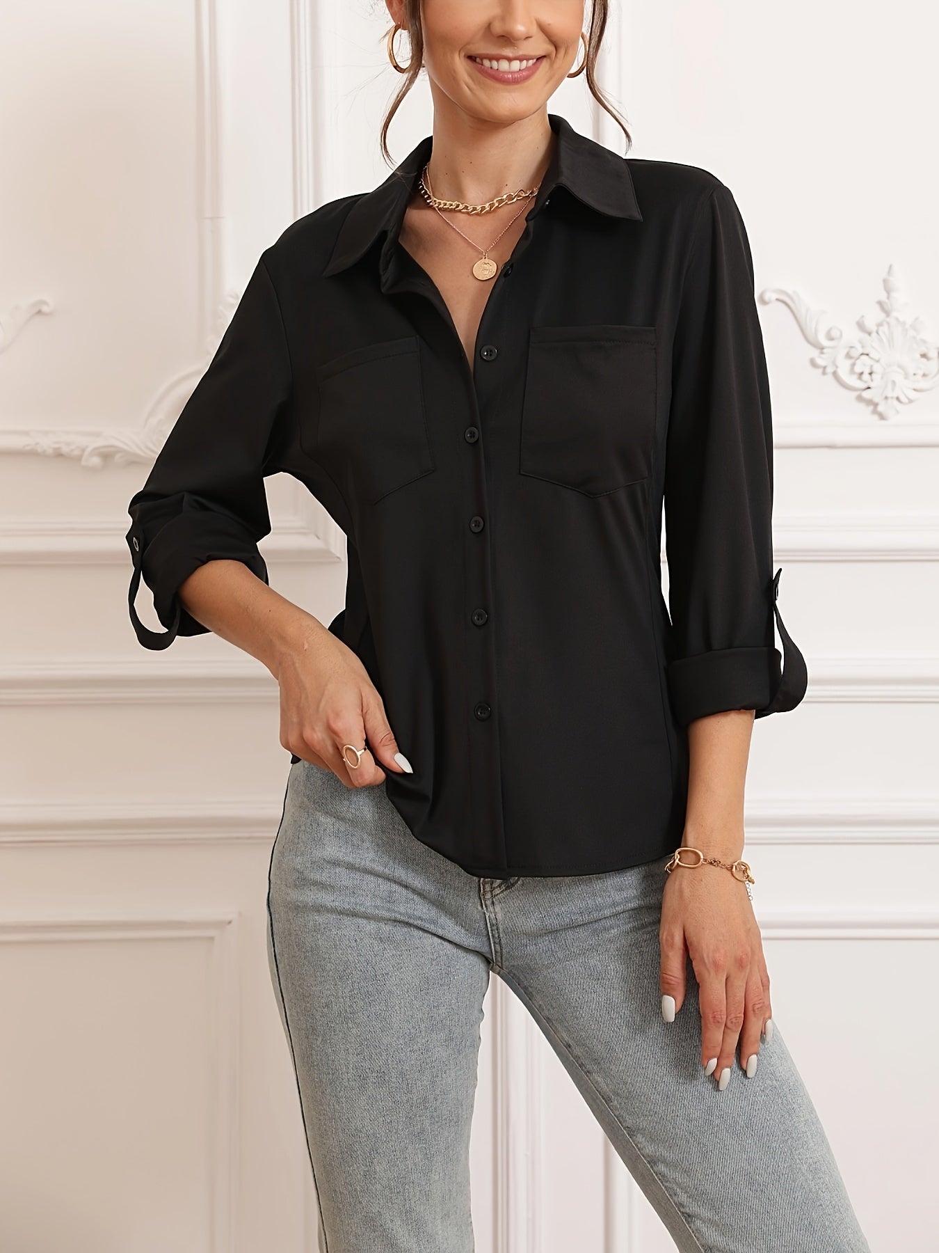 Solid Color Button Front Shirt, Casual Long Sleeve Pocket Shirt For Spring & Fall, Women's Clothing