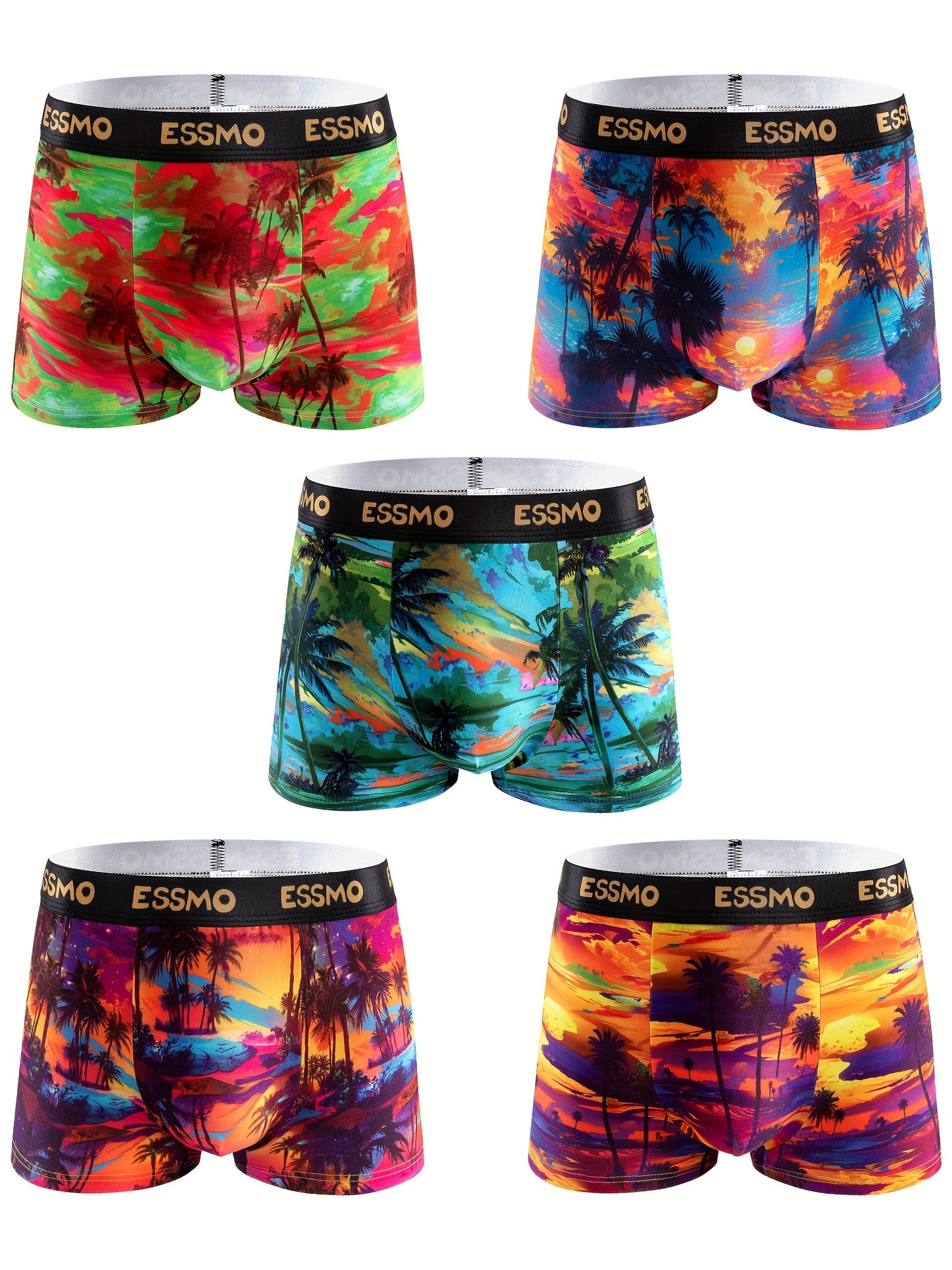 5pcs ESSMO Men'S Light Luxury Boxer Briefs - Vibrant Tropical Sunset & Palm Tree Design, Medium Stretch Fabric, Comfortable & Stylish Underwear, Relaxed Fit Boxers|Tropical Print Boxers|Stretchable Fabric