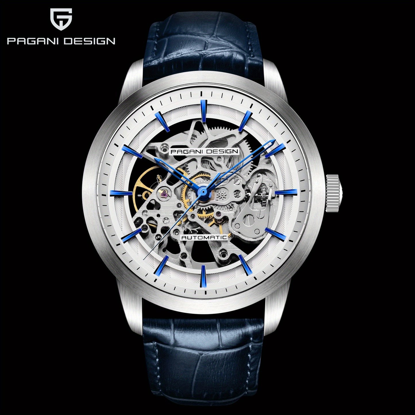 Pagani Design 2023 Men's Automatic Skeleton Watch, Self-Winding, Stainless Steel, Leather Strap, Pointer Series, Water Resistant To 100 Meters Sports Leather Watch