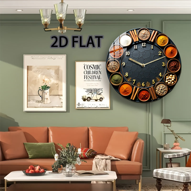1pc 8-Inch Silent Round Wall Clock with Spice & Herb Design - Acrylic Quartz Movement, Golden Accents, Battery-Powered (AA Not Included) - Kitchen, Bedroom, Living Room, Kitchen Clock, Home Decoration, Decorative Timepiece, H