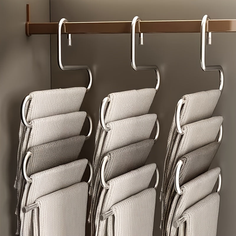 5-Tier Stainless Steel S-Shaped Pants Hanger - Non-Slip, Space-Saving Multi-Layer Jeans and Trousers Organizer with Polished Finish, Durable Metal Wardrobe Storage Solution for Neat Closet Organization