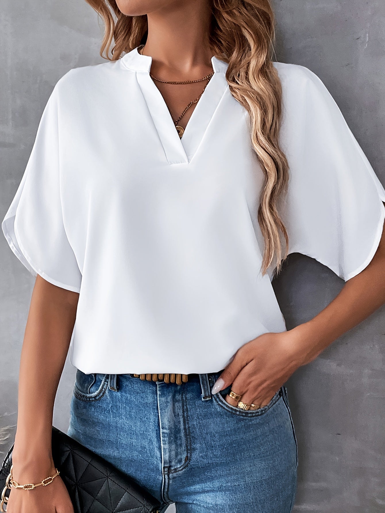 Solid Color Notch Neck Blouse, Casual Short Split Sleeve Blouse For Spring & Summer, Women's Clothing