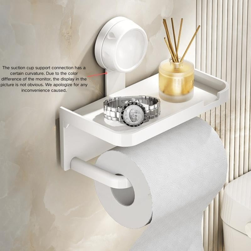 1pc Household Toilet Paper Holder with Storage Box, Suction Cup Wall-Mounted Bathroom Tissue Rack – No Drilling Required. Includes Phone Stand for Convenient Use in the Home or Shower Room, Toilet Tissue Holder for Bathroom