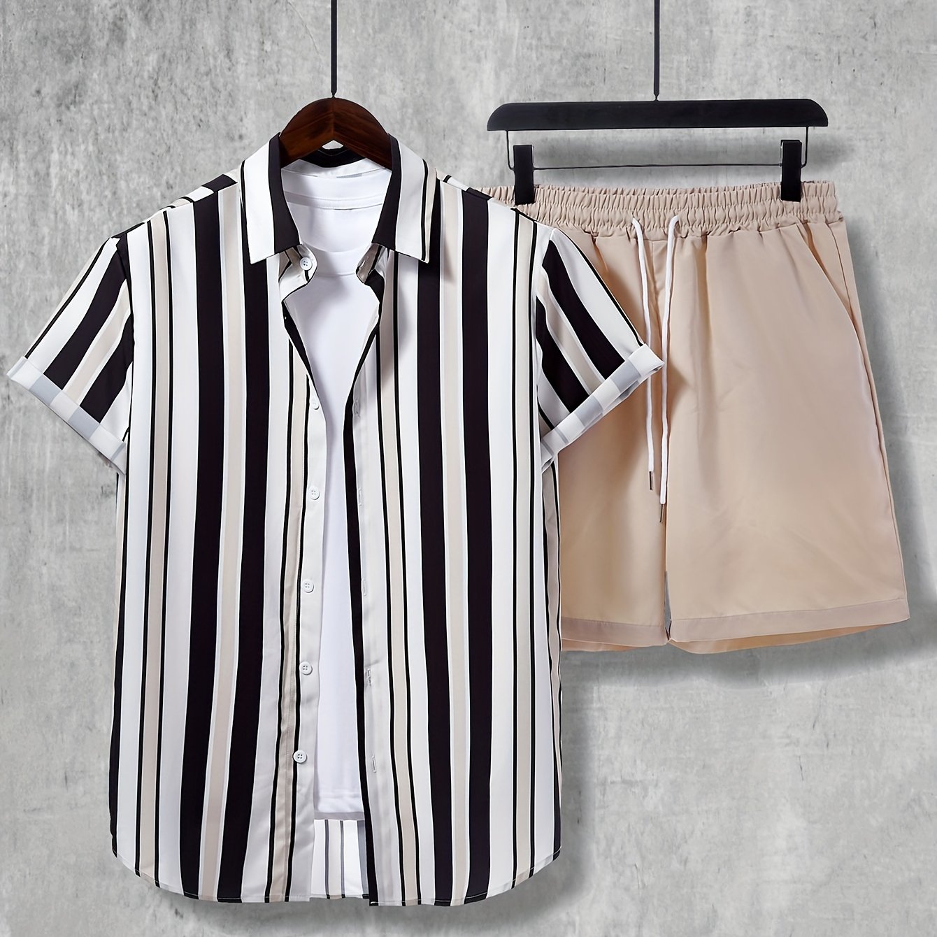 2pcs Men's Stripe Pattern Color Block Short Sleeve Button Shirt & Loose Shorts, Men's Casual Outfit For Summer Vacation