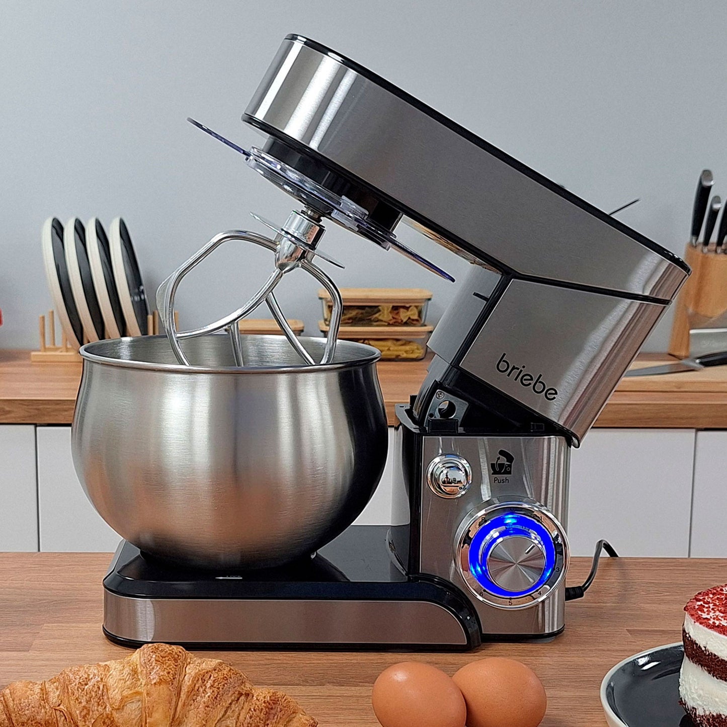 Mixer Kneader Pastry 1800W MAX, Professional Kitchen Robot + Scale, Orbital Movement, Rods, Dough Hook, 5 L Bowl, 6 Speeds + Pulse Function, Stainless Steel KM1114B, Briebe, Stainless Steel