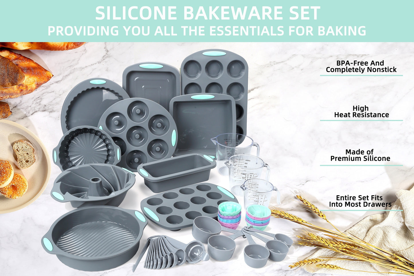 45pcs/set, Silicone Baking Set, Nonstick Bakeware Set Baking Cookie Sheets Cake Muffin Bread Pan, Loaf Pan, Cake Pan, Pizza Pan, Mini Cupcake Mold, Bundt Pan, Charlotte Cake Pan, Measuring Cup And Spoon, Baking Tools